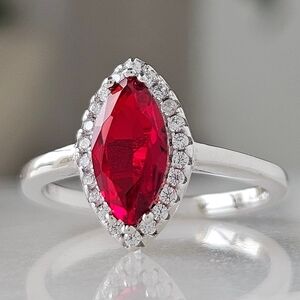 Red Ruby Marquise Gemstone Ring, 925 Sterling Silver Charmed Aroma